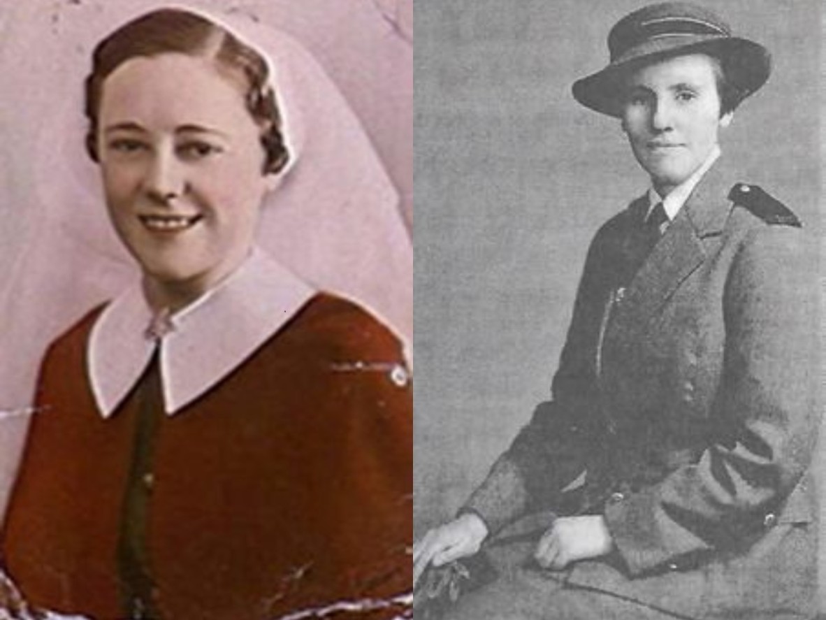 Two photographs. Cecilia May Delforce wearing white veil on left. Joyce Tweddell wearing hat on right.