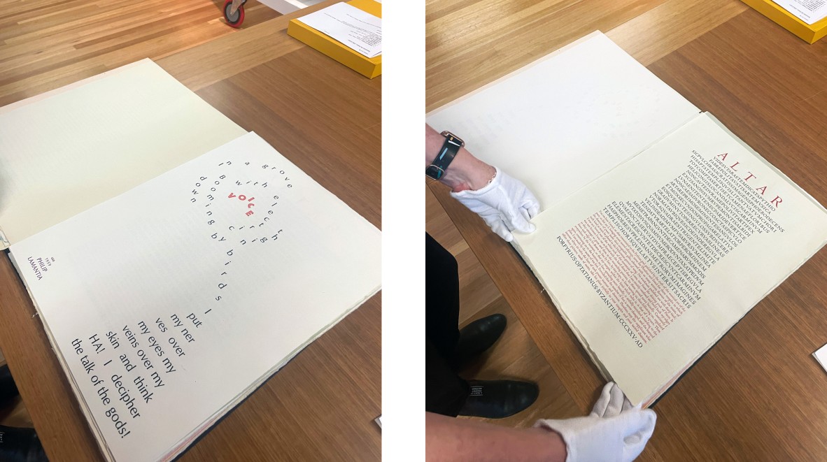 Two pages from the same book by the same artist. The pages of a focus on type and layout to create an art piece.