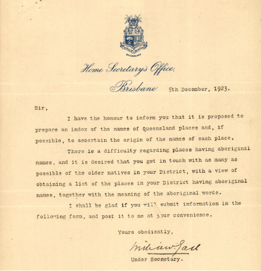 A letter from 1923 typed with a typewriter and with an emblem at the top "Under Secretary's Office Brisbane"
