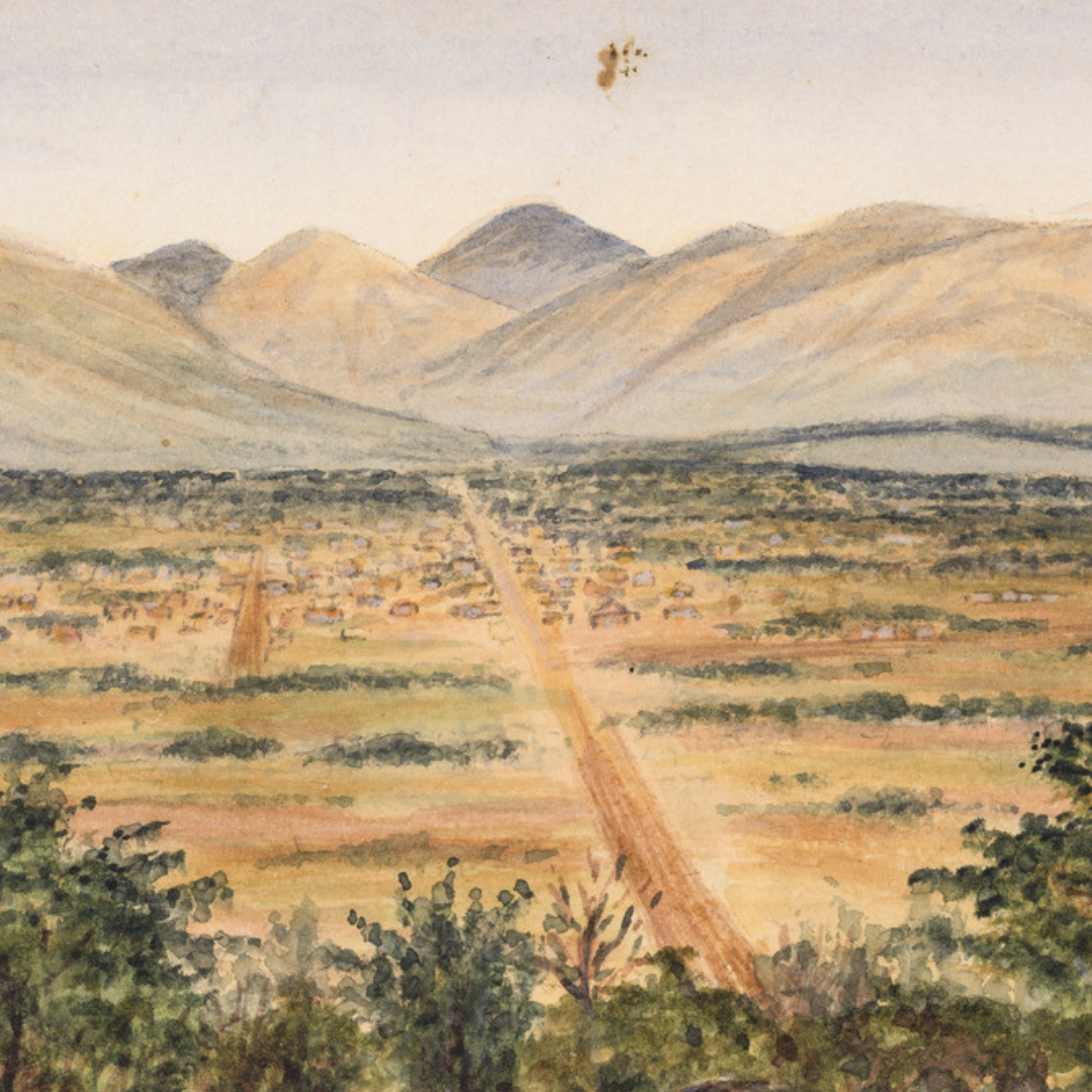 Watercolour painting by Cecil Edward Search depicting anidentified town on a plain viewed from a hill 1880’s