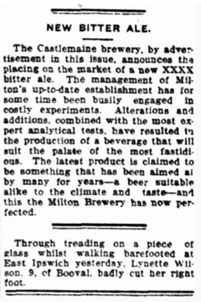 Newspaper article with the headline 'NEW BITTER ALE'