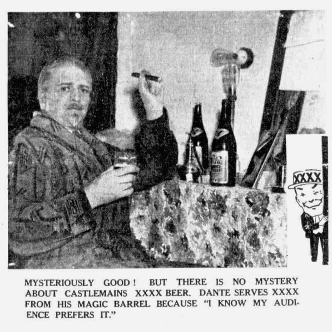 Black and white newspaper image of the magician Dante, a middle-aged man with Van Dyke beard and slicked back hair. Dante is smoking a cigar and holding a glass of beer.