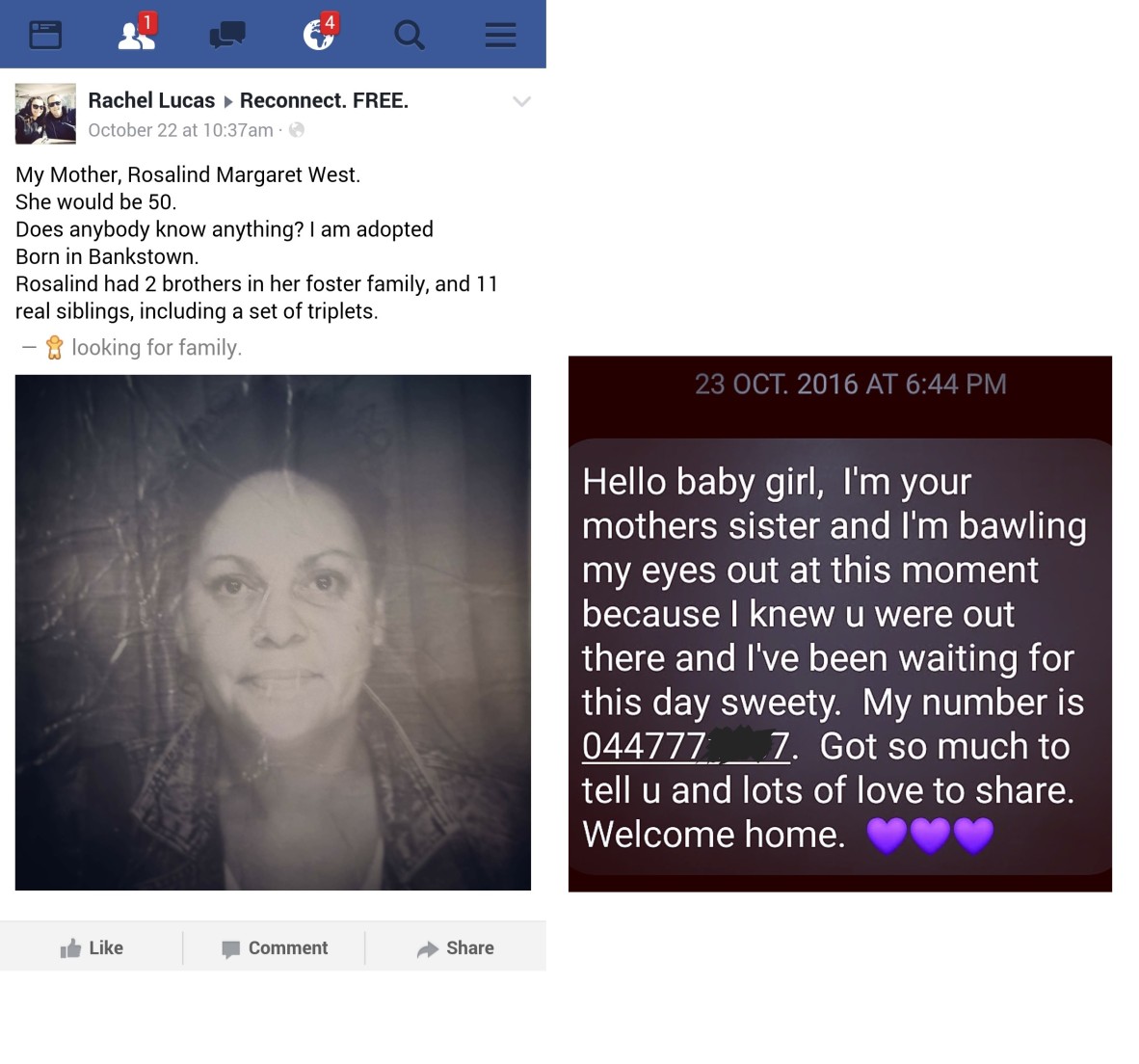 Facebook post by Rachel Lucas on the group ReconnectFree and the first ever message I received from my birth family A message from Aunty Joy
