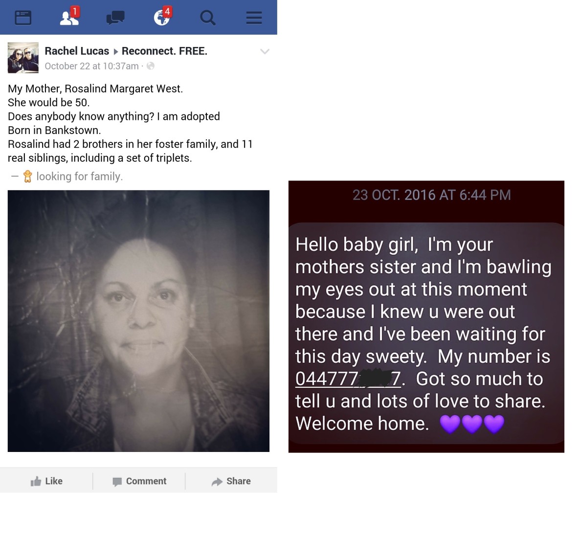 Facebook post by Rachel Lucas on the group Reconnect.Free and the first ever message I received from my birth family. A message from Aunty Joy. 