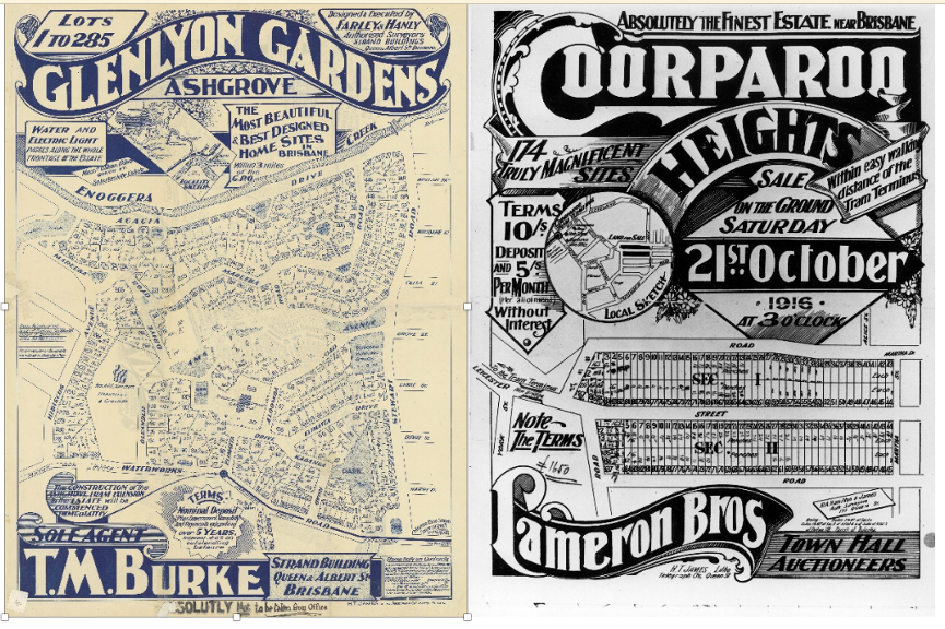 Two estate maps with  one of Glenlyon Gardens and one of Coorparoo Heights with streets and house numbers on them