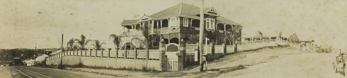 Panorama of a large Queenslander house on the corner of Milton Road and Hobbs Street Auchenflower
