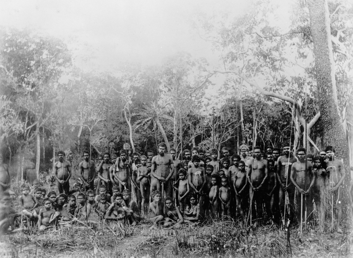 Large group of Aborigines at the Bloomfield River Mission, Queensland, ca. 1884