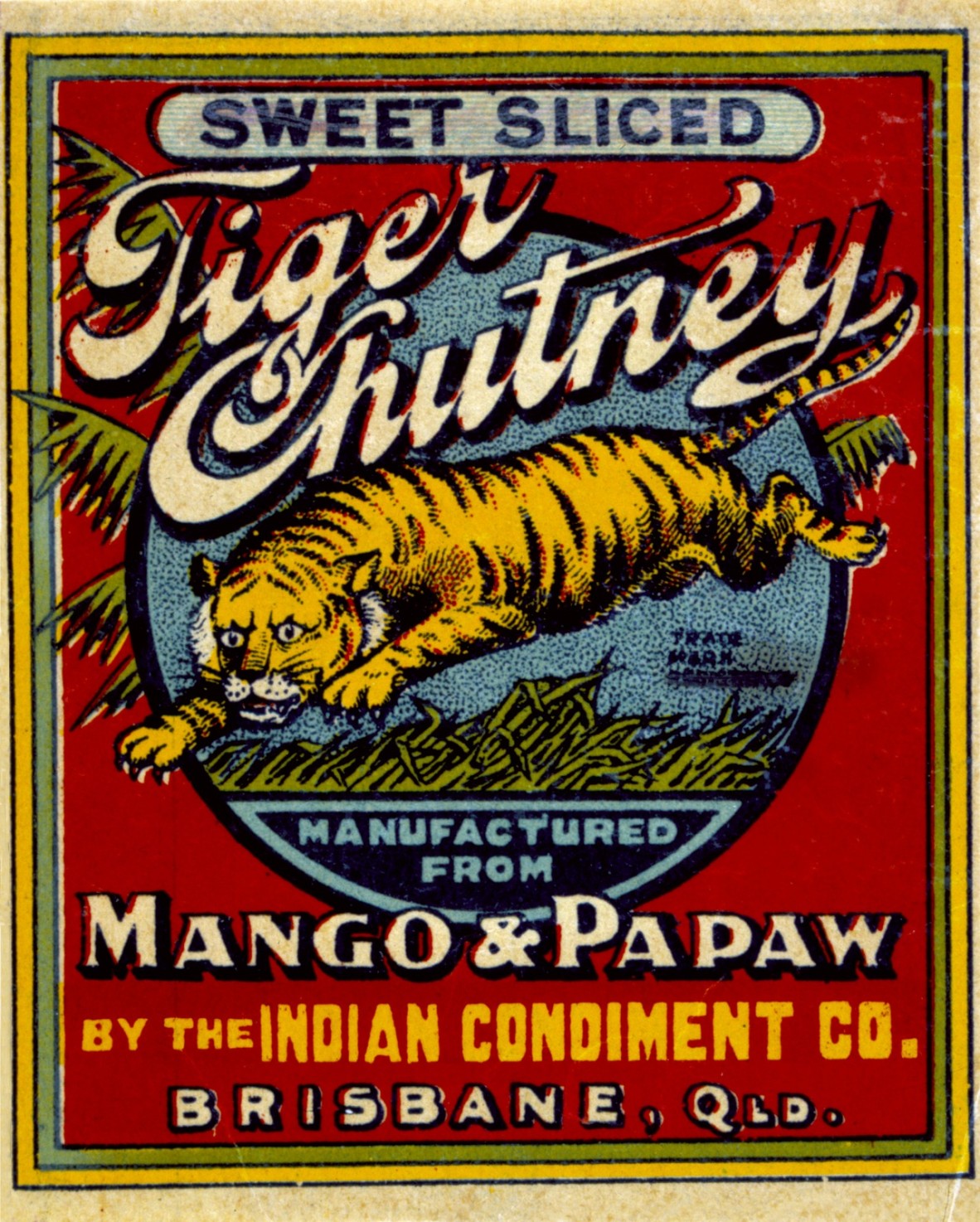 colourful red queensland chutney label featuring tiger 