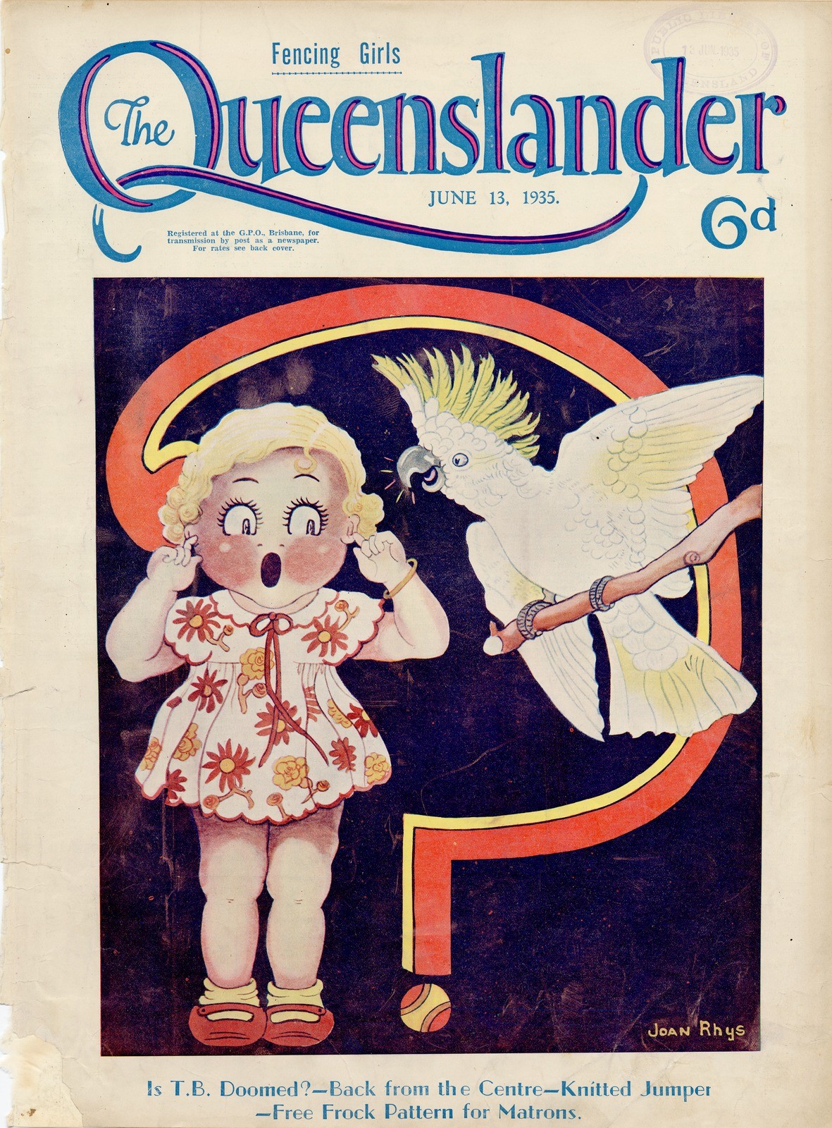 Illustrated front cover from The Queenslander, June 13, 1935, Joan Rhys, State Library of Queensland. 