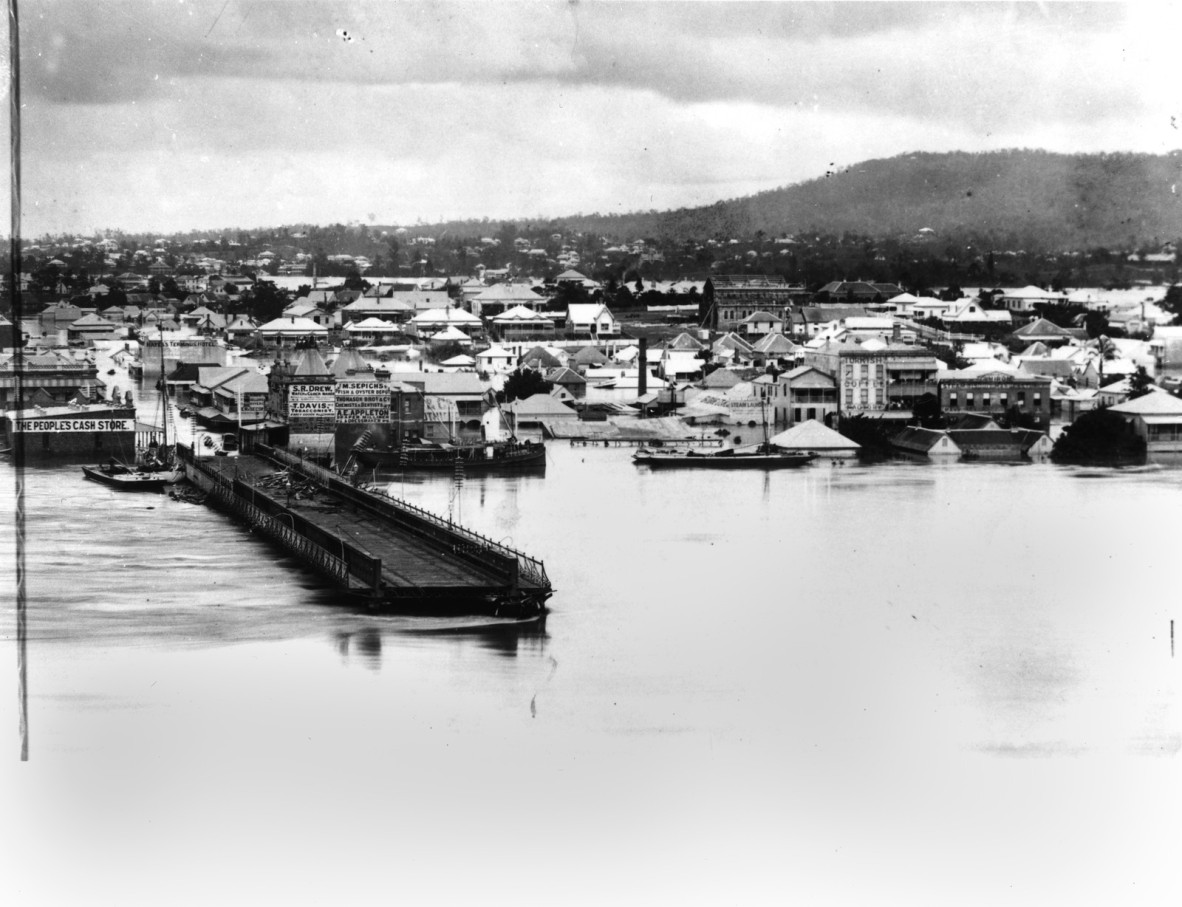 Remains of the Victoria Bridge over the flooded Brisbane River,1893