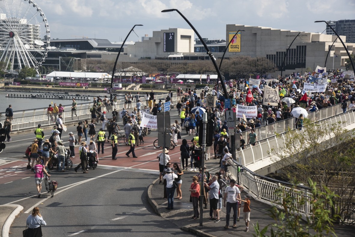 Demonstrators crossing the Victoria Bridge towards South Bank and the cultural precinct at the School Strike 4 Climate rally Brisbane 20 September 2019