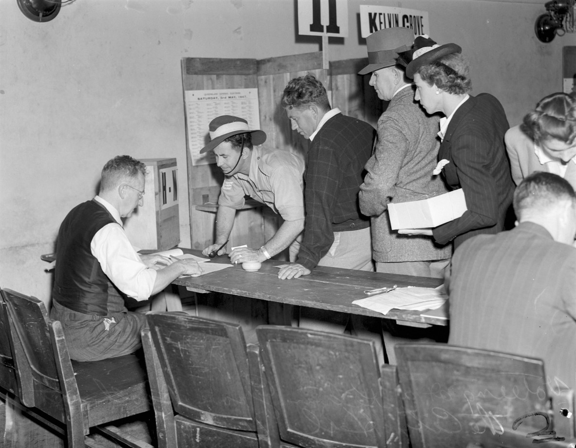 Voting at the Kelvin Grove electorate booth at the City Hall, Brisbane, 1947