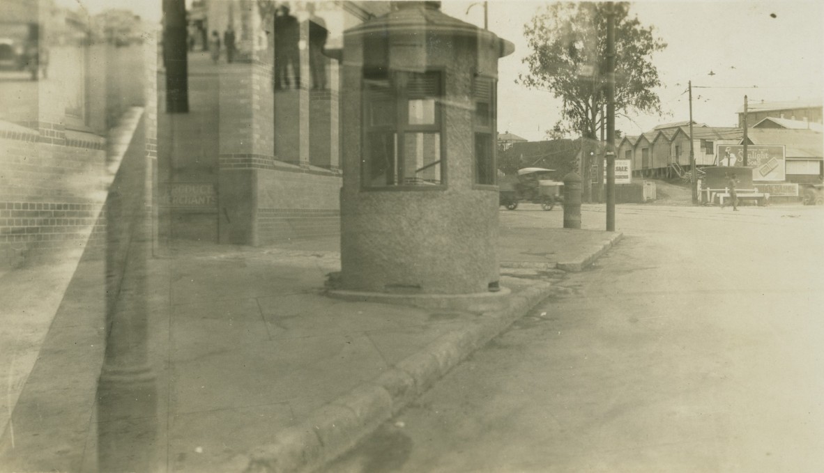 Image of a tramways points cabin on Roma Street, Brisbane, near the intersection of Saul Street and Countess Street.