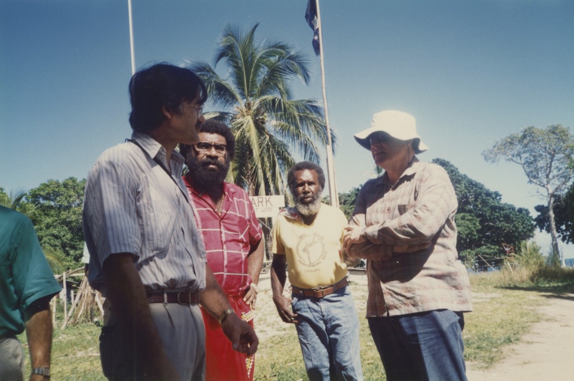 4 men including Eddie Mabo at ANZAC Park, Mer Island, May 1989