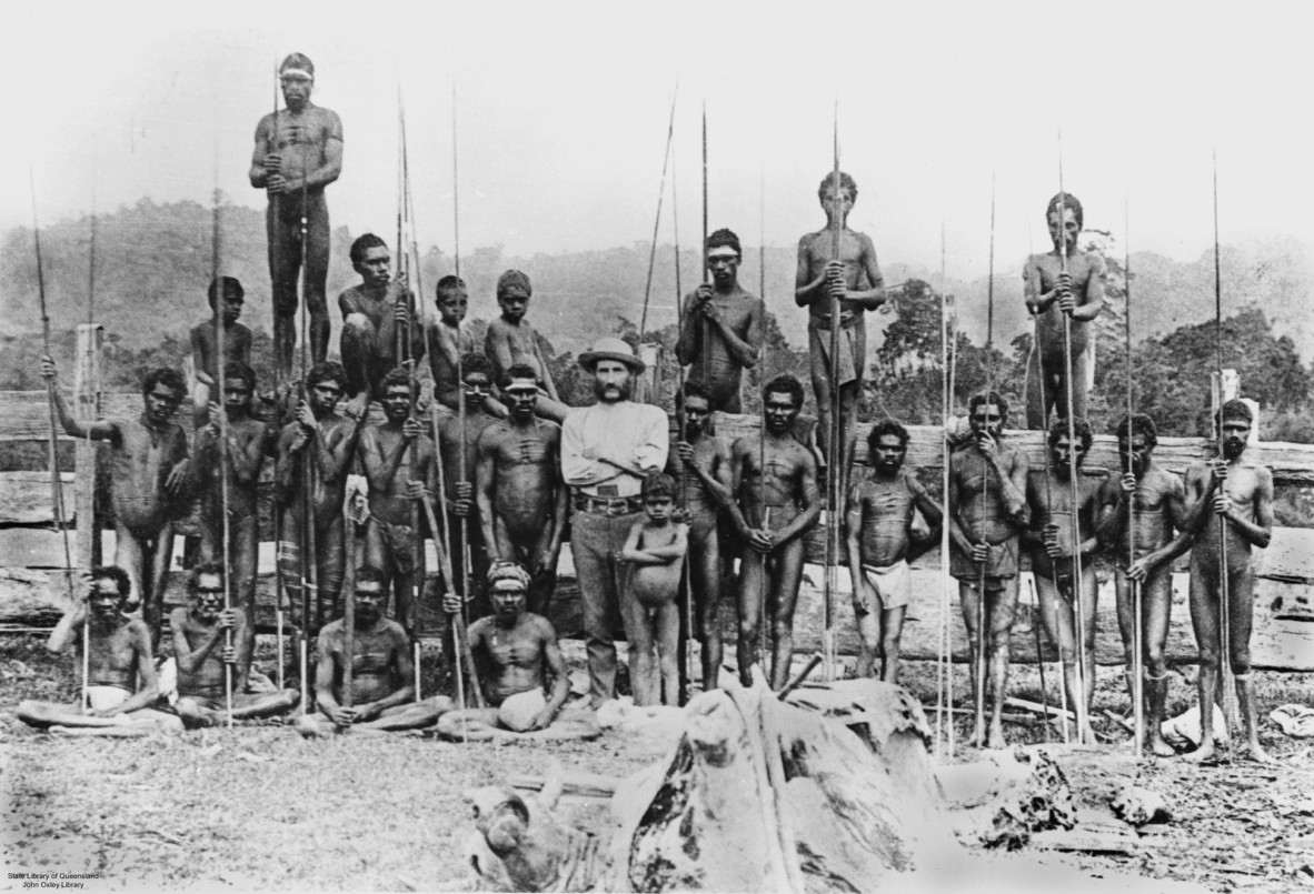 Archibald Meston with group of men and boys, Daintree River, ca. 1895. 