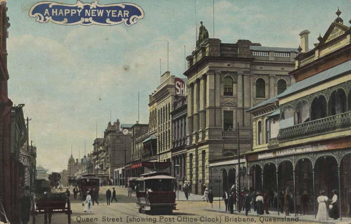 New Year postcard showing Queen Street Brisbane