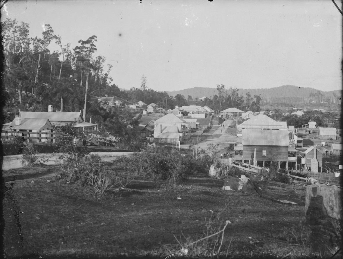 View of a town on a hillside.