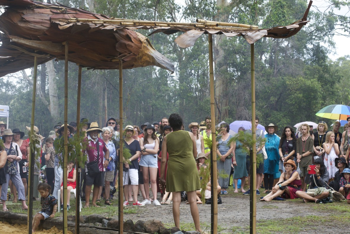  Kabi Kabi Elder and Bunya Dreaming founder Aunty Beverly Hand welcoming the crowd at the Bunya Dreaming Festival, 26 January 2020