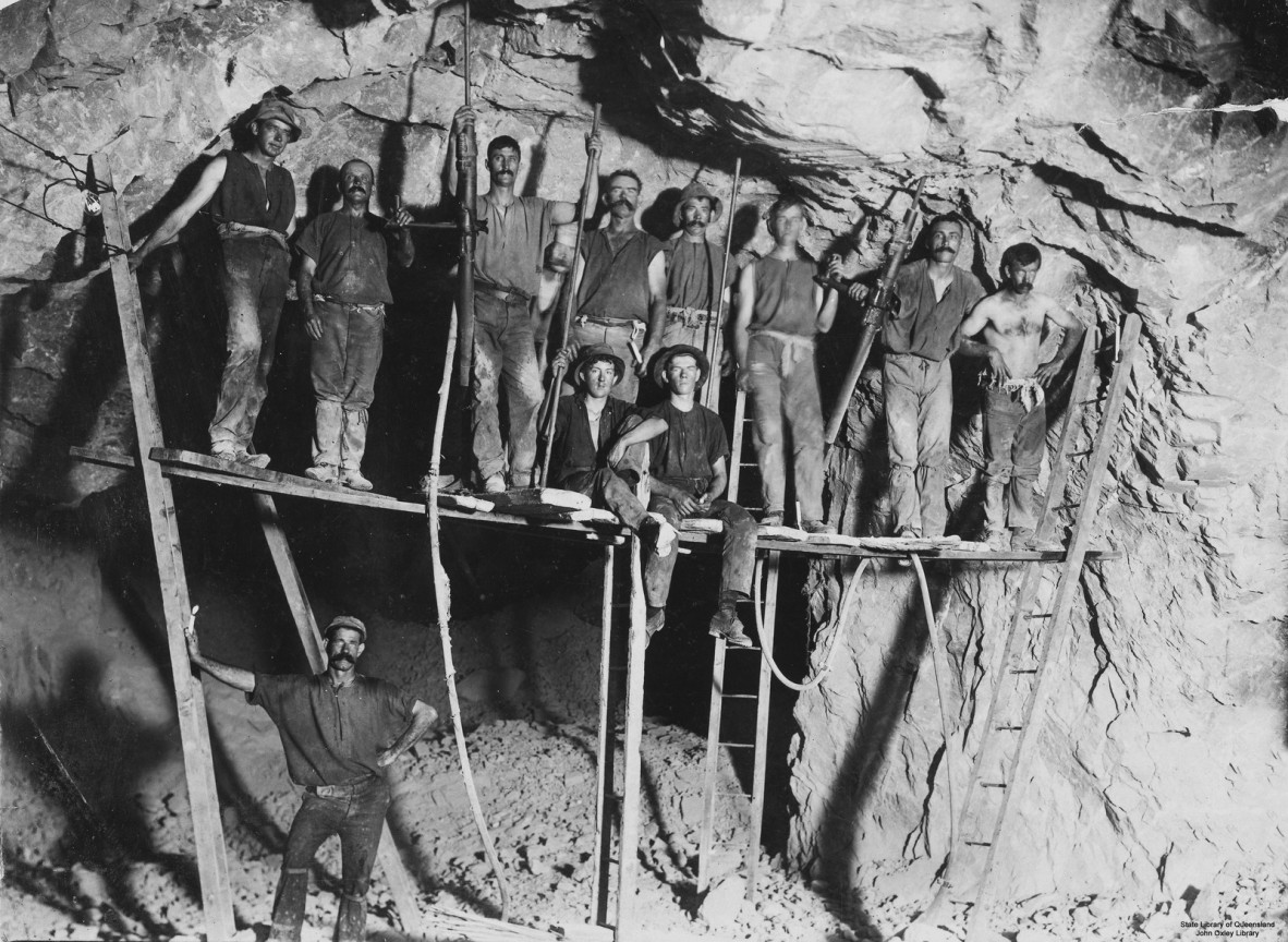 Miners working in a gold mine at Gympie