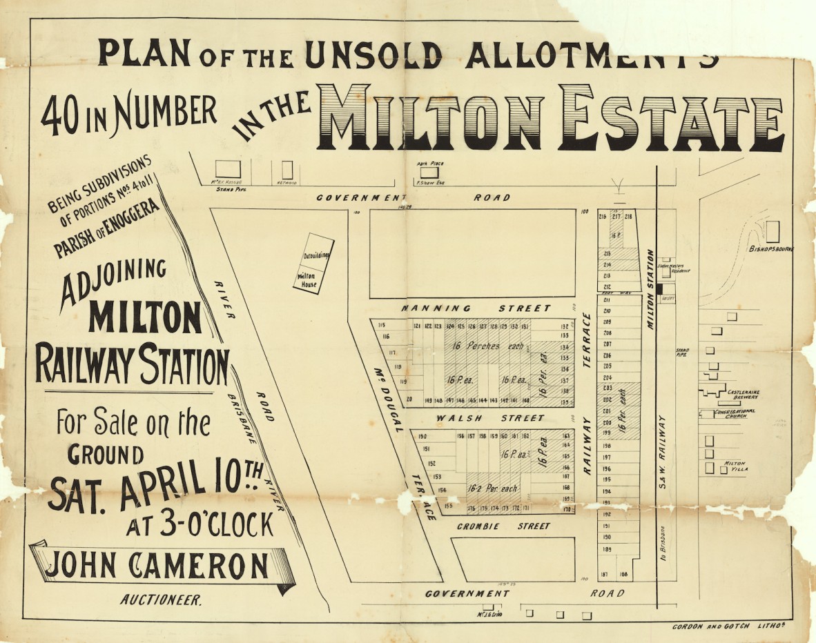 Original real estate plan of the unsold allotments in the Milton Estate from 1886