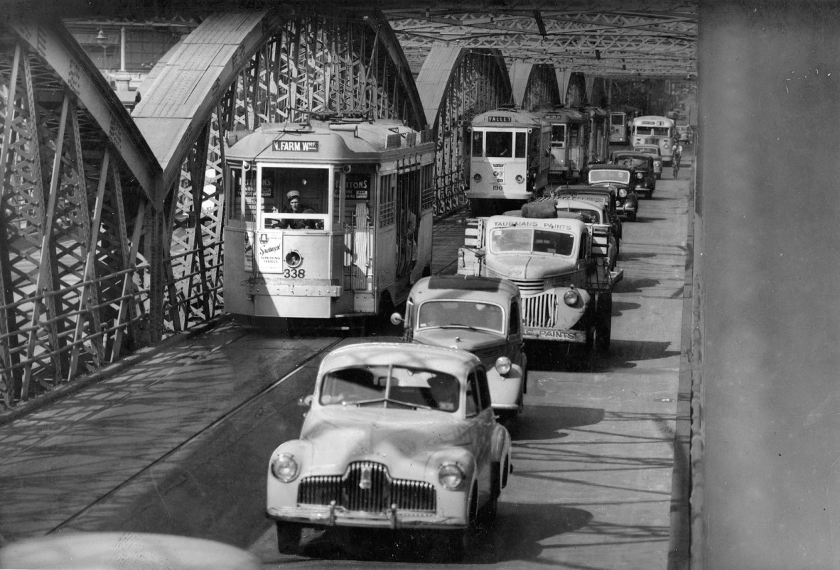  Cars and trams travelling along Victoria Bridge Brisbane 1952