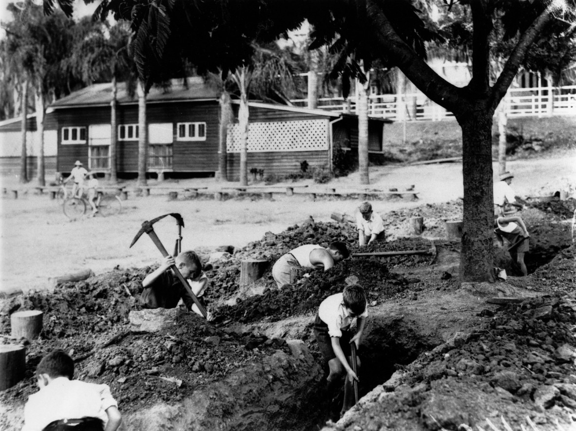  Children digging trenches at Ascot State School Brisbane 1942