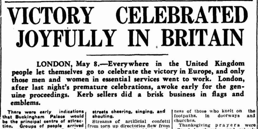 Article about Victory in Europe VE Day published in the Queensland Times 9 May 1945