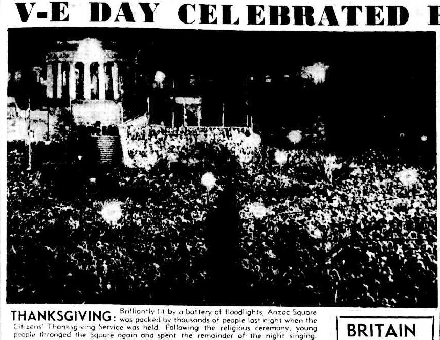 Article about Victory in Europe VE Day celebrations in Brisbane published in The Courier-Mail 10 May 1945 p3