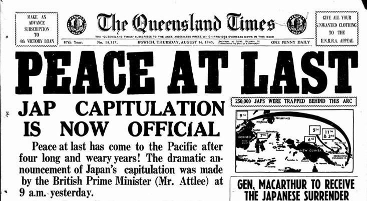 Headline "Peace at last", Front page of "The Queensland Times", 16 Aug 1945