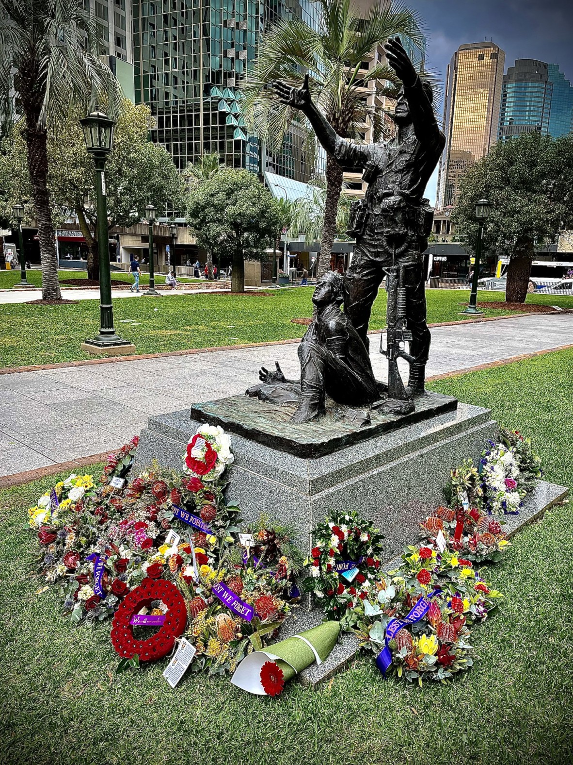 The Vietnam Memorial with flowers and wreaths from Vietnam Veterans’ Day 2023.