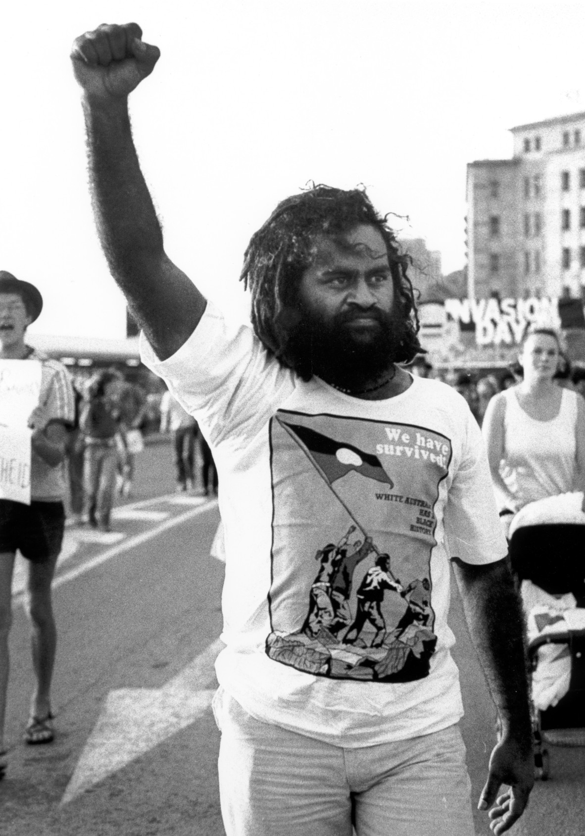 Vincent Brady leading an anti-Bicentenary protest in Brisbane, Queensland, 1987, 30300 Michael Aird Photographs, image number 30300-0001-0067, John Oxley Library, State Library of Queensland