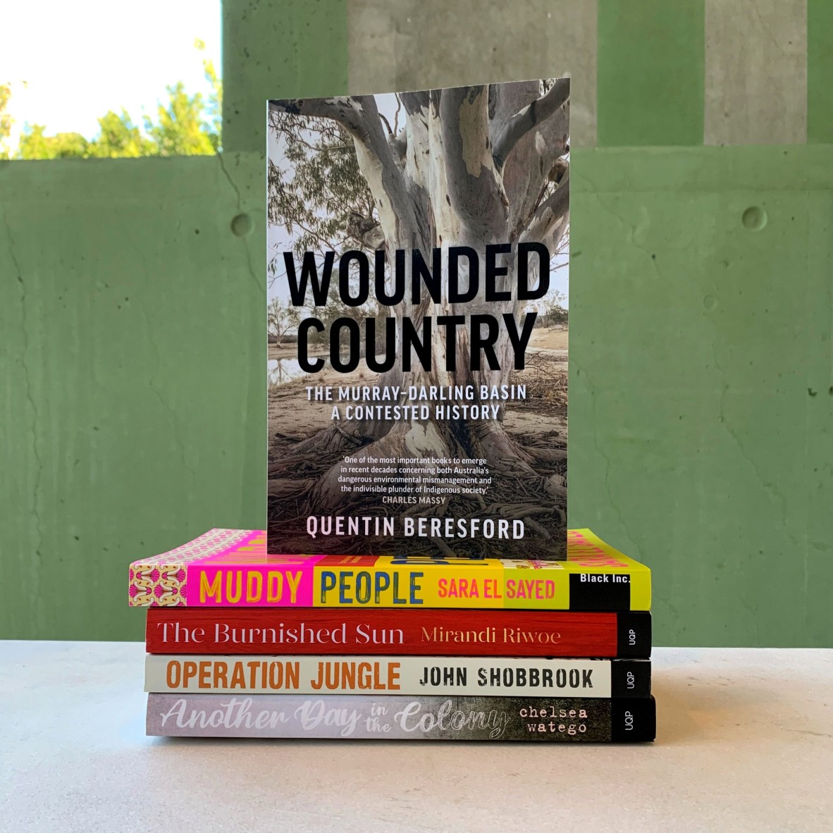 Wounded Country a book by Quentin Beresford sits on top of a stack of four other books with a green background