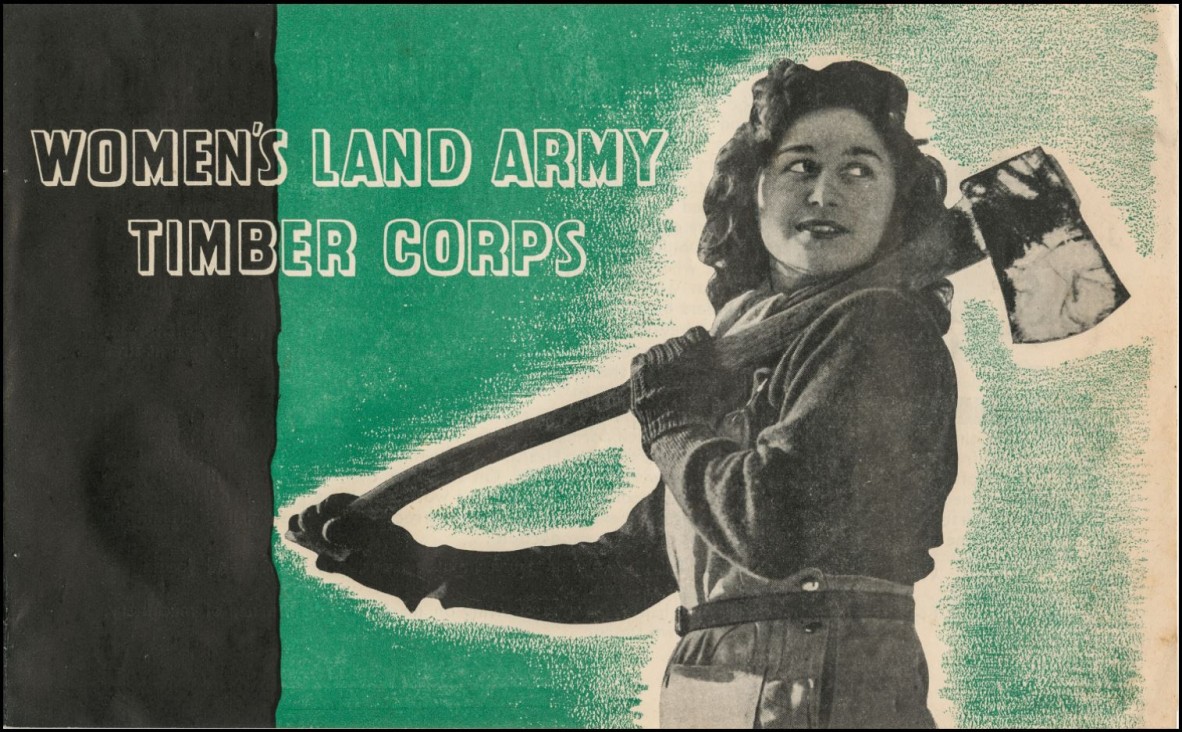 picture of a service woman with an axe in the Womens land Army Timber Corps 