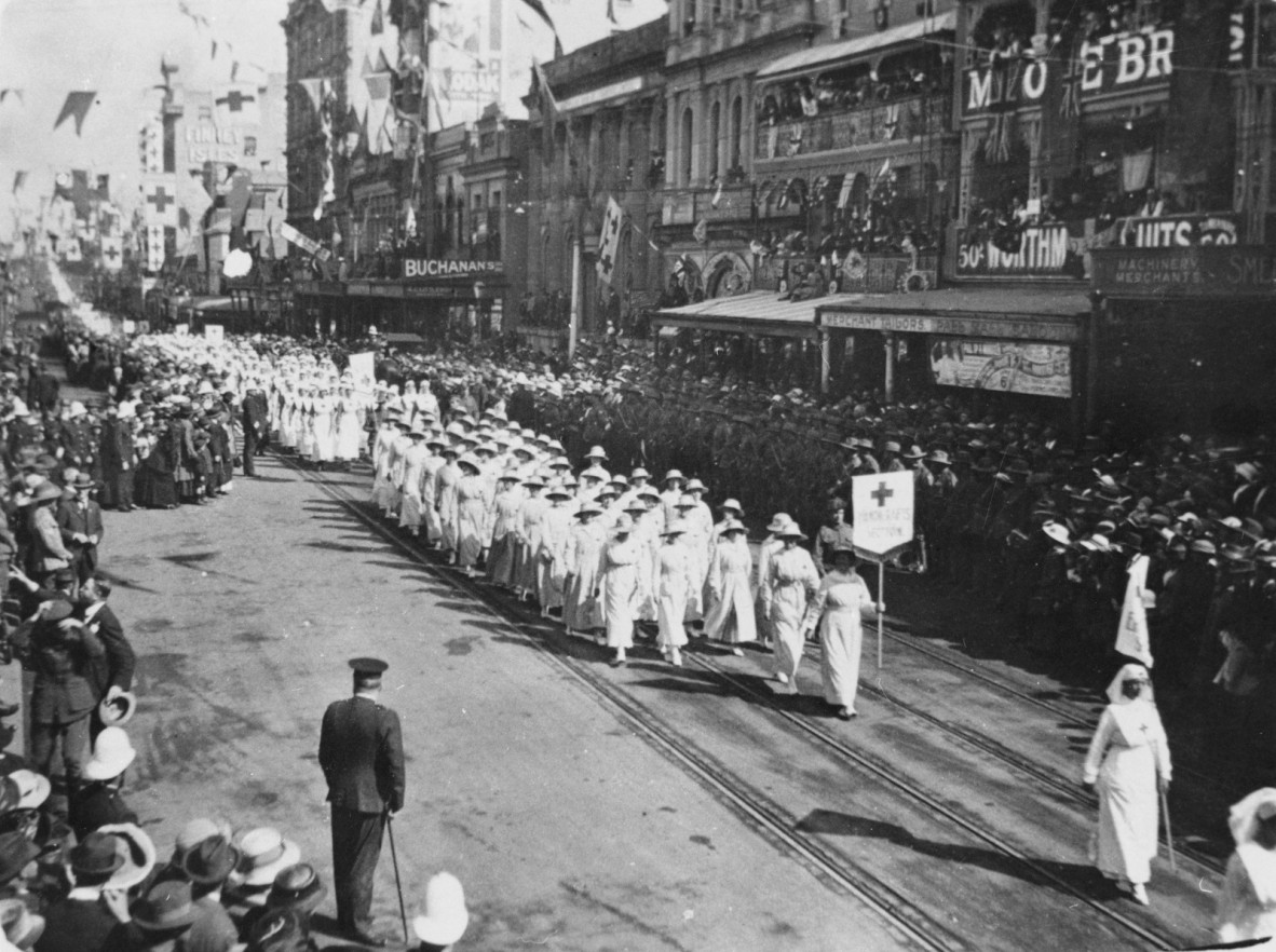 Members of the Red Cross volunteers march in World War 1 Armistice day march in Brisbane 1918