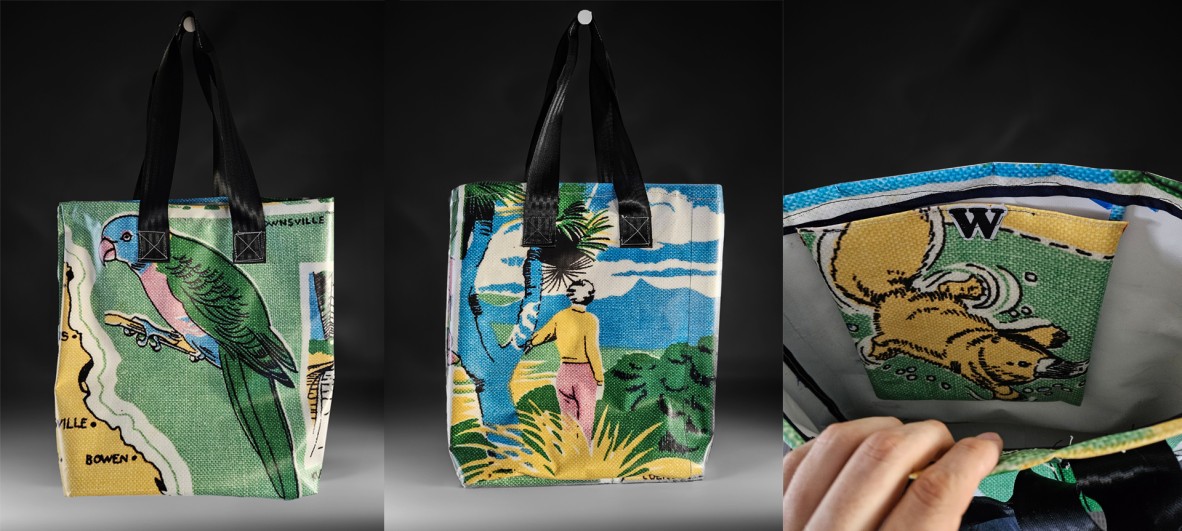 Composite photo of a completed recycled vinyl bag