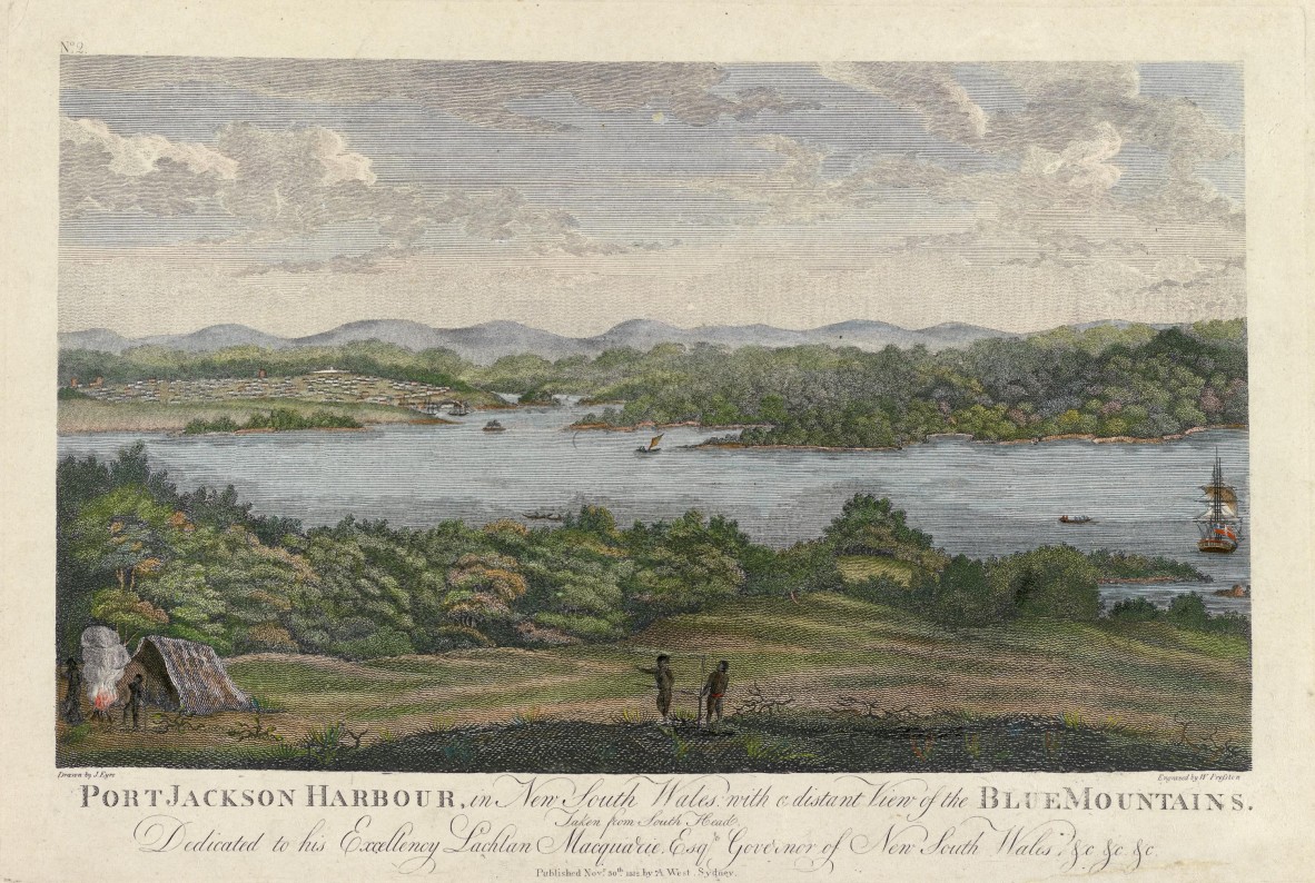Port Jackson Harbour, in New South Wales, with a distant view of the Blue Mountains, 1812.