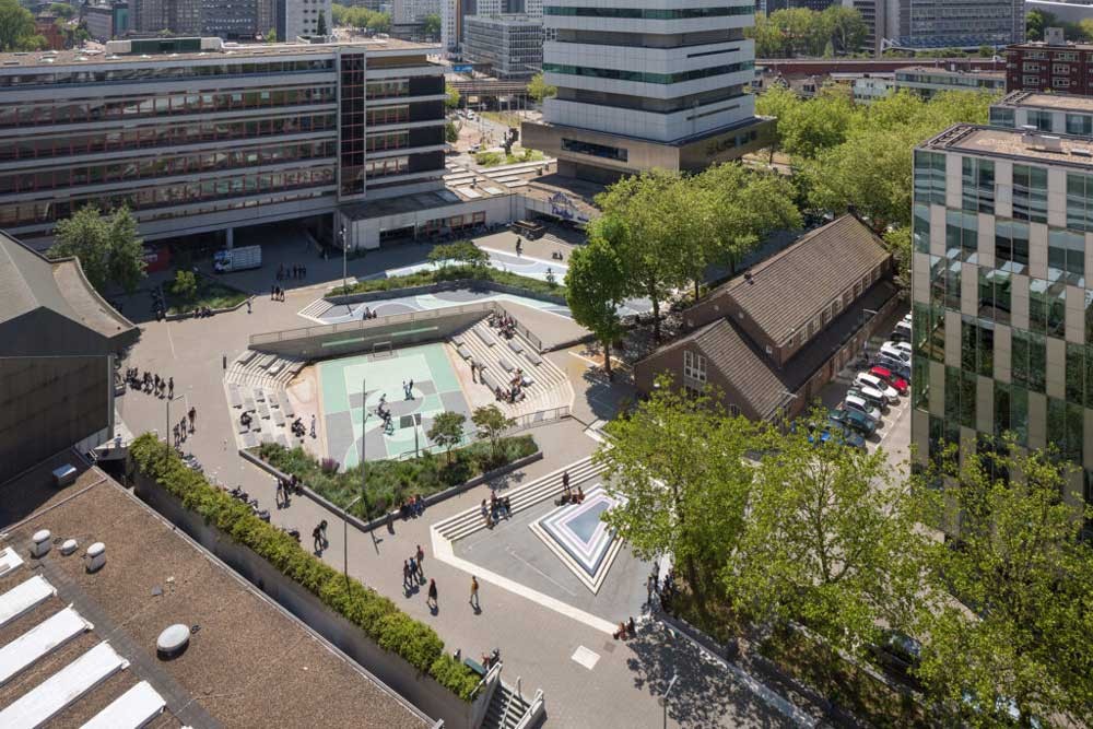 Aerial view of a water square in a city