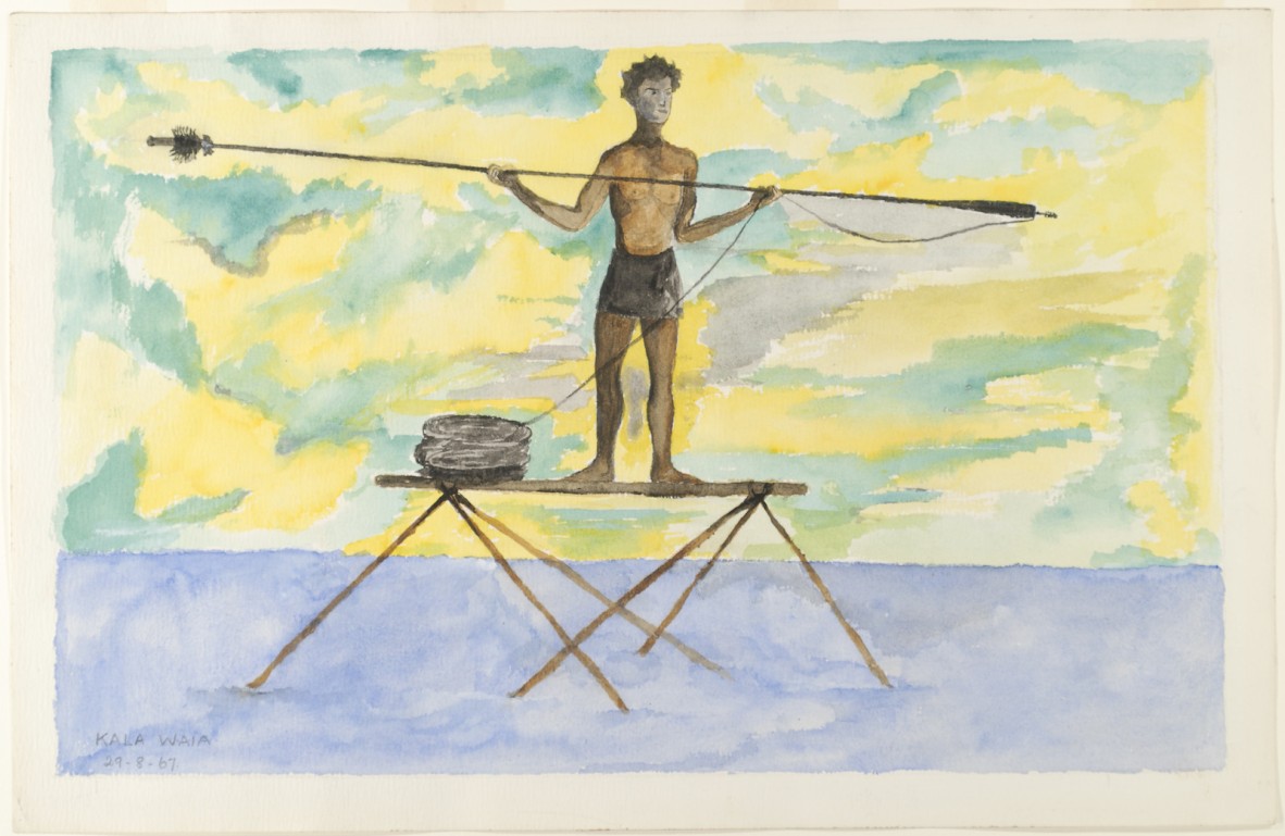 Watercolour painting of a First Nations man standing holding a spear horizontally across chest