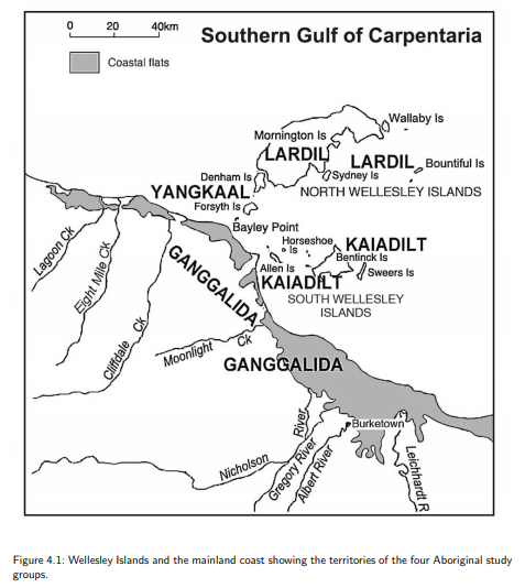 Wellesley Islands showing the four language groups.