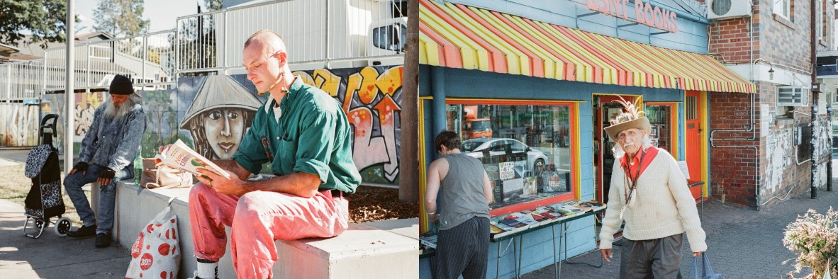 Two West End residents sitting on a wall in Boundary Street, West End and a Man wearing a hat decorated with feathers walking past Bent Books bookshop in West End, Brisbane, 2020.