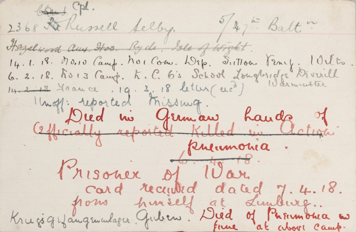 Image of index card kept by Annie and Portia Wheeler on Australian serviceman Selby Russell