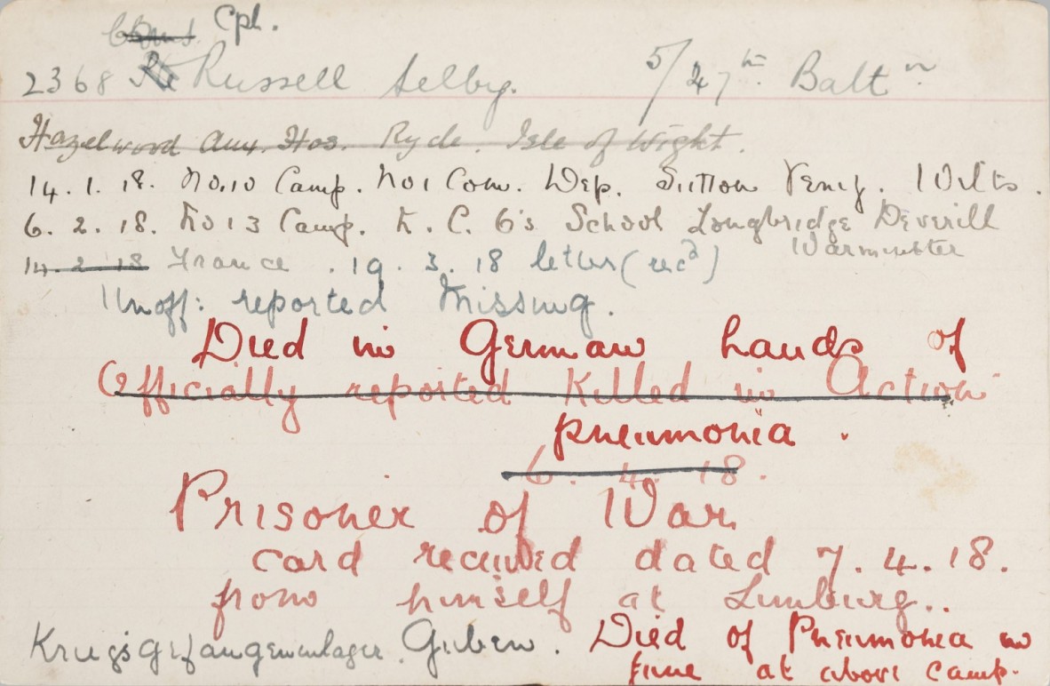 Image of index card kept by Annie and Portia Wheeler on Australian serviceman Selby Russell.