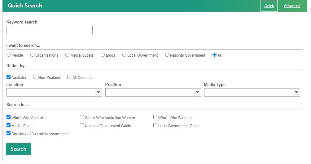 Quick Search screen from Who's Who in Australia