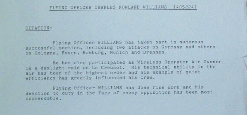 Flying Officer Charles Rowland Williams Distinguished Flying Cross citation 