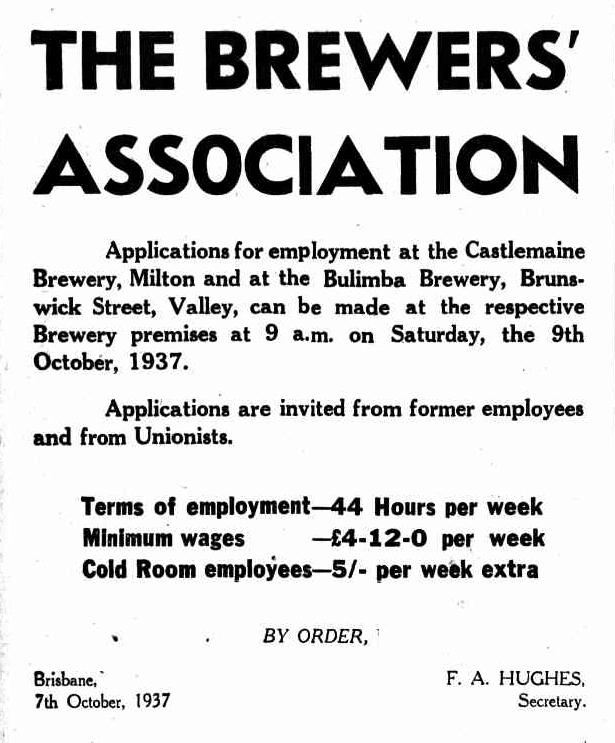 A prominent newspaper advertisement asking for applications for employment at Castlemaine Brewery and Bulimba Brewery.