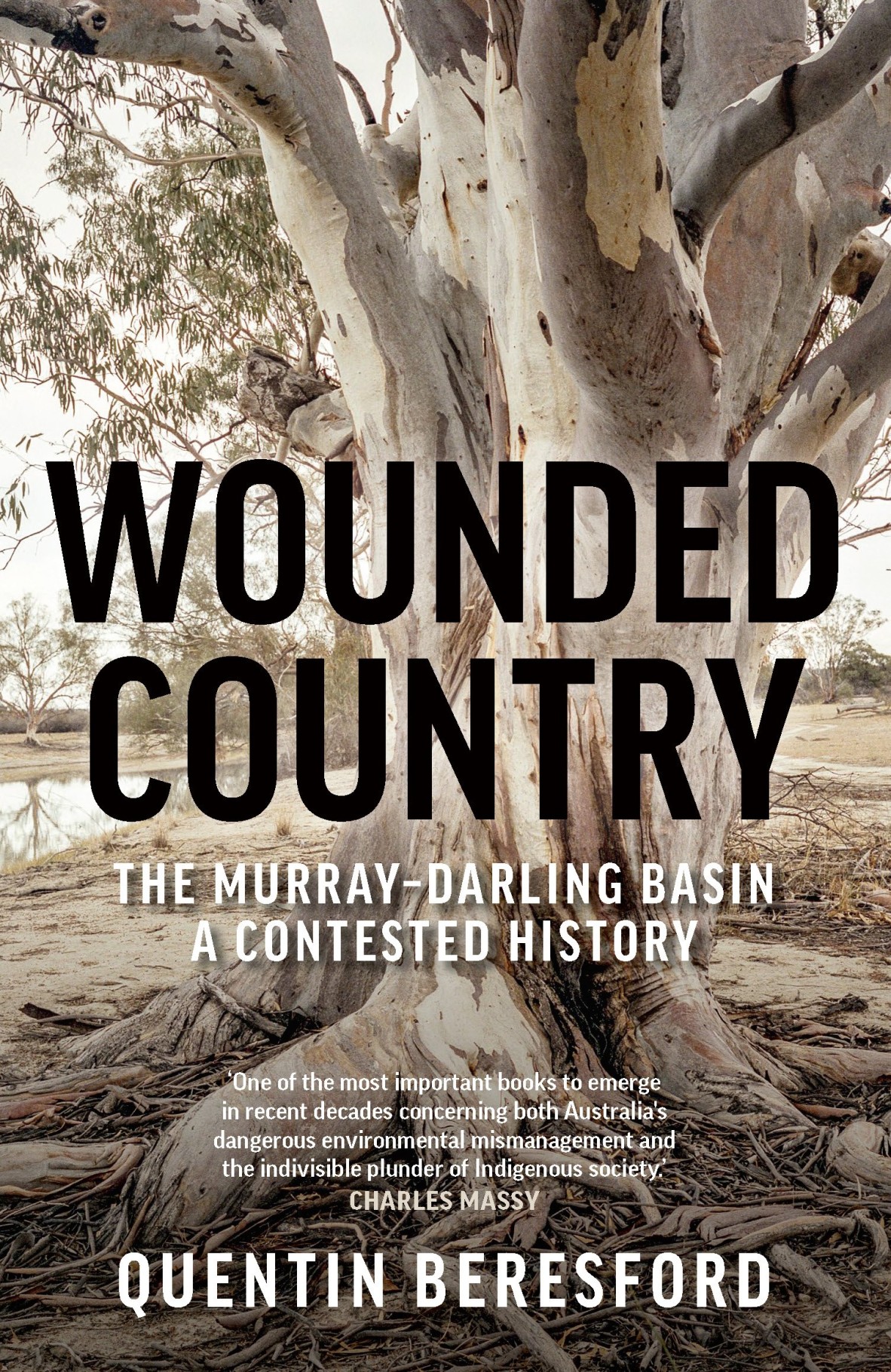 Cover of Wounded Country  the Murray-Darling Basin A contested history by Quentin Beresford A big gum tree with some stripped bark sits on a riverbank