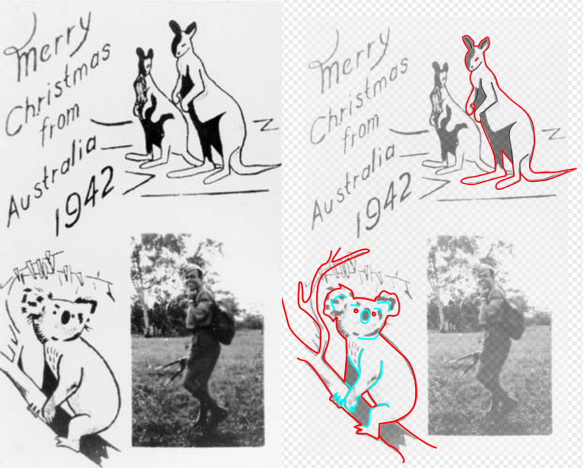 A Christmas card sent by Sargeant Walter Guess 41st Division US Army Rockhampton 1942 with traced animals