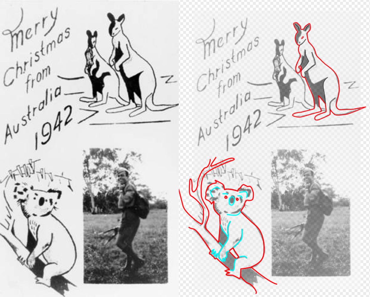 A Christmas card sent by Sargeant Walter Guess, 41st Division, U.S. Army, Rockhampton 1942 with traced animals