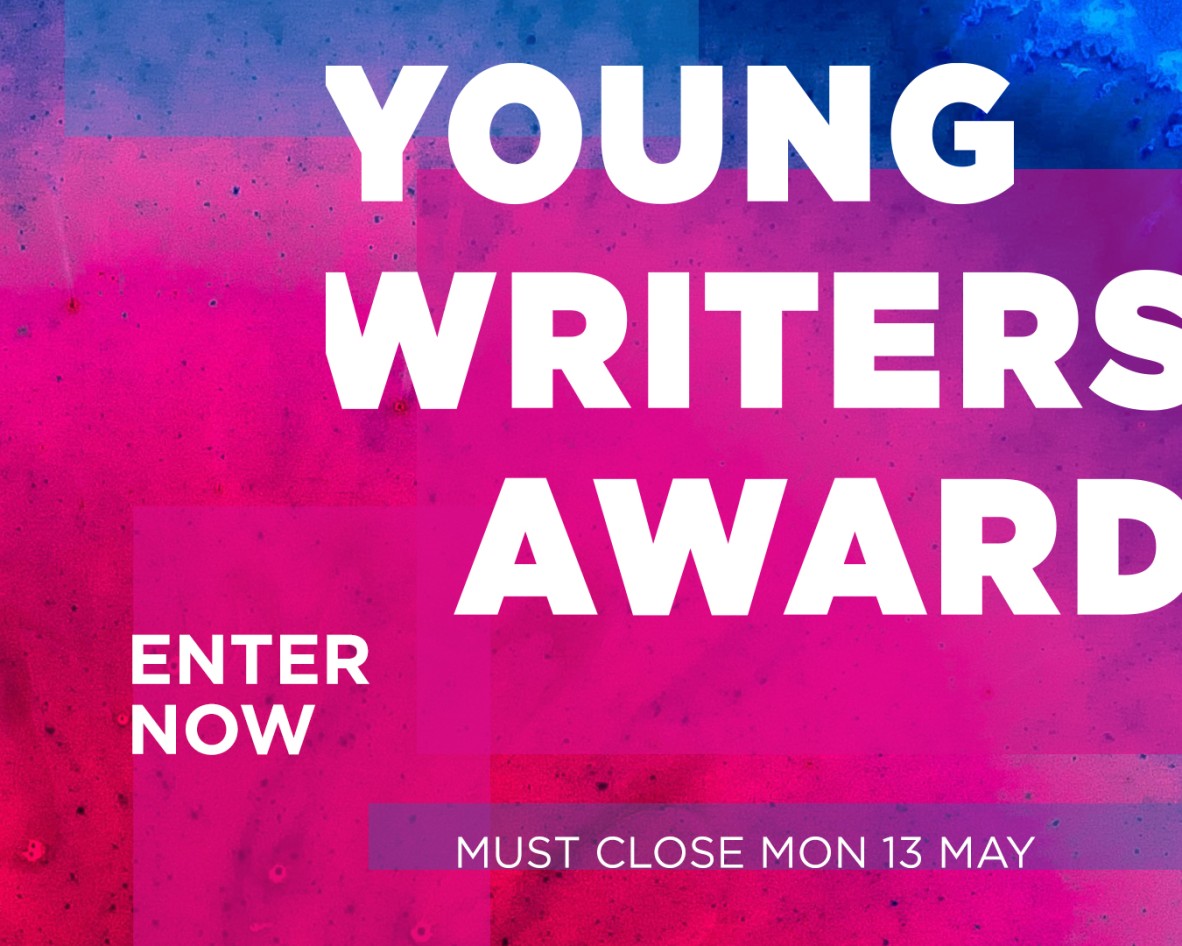 Young Writers Award pink and blue tile that says "enter now ... must close Mon 13 May"