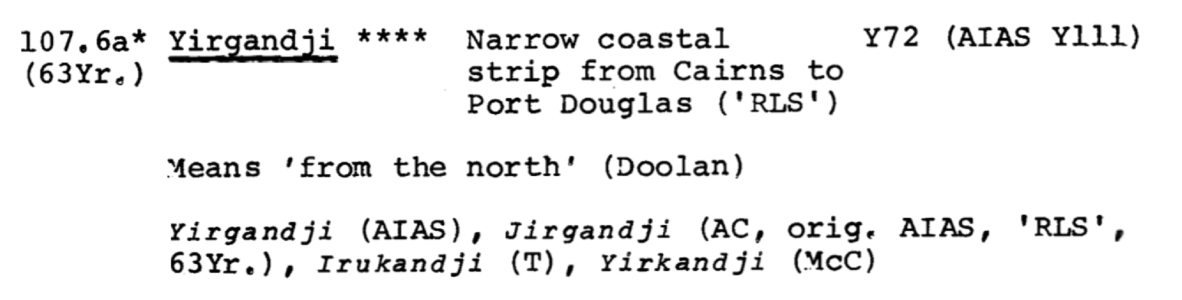 Yirgandji entry, Oates Linguistic Survey of Australia (1970).
